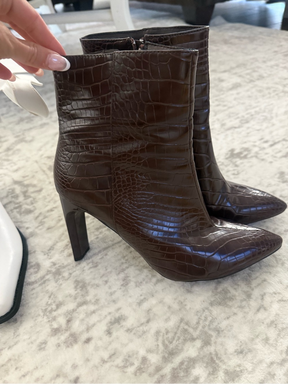 Nine West Croc-Embossed Dark Brown Pointed Toe Ankle Boots